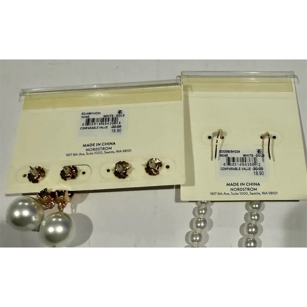 Open Edit Pearl Earrings Lot 3 Pairs White Gold Tone Stud & Drop Dangle cute set